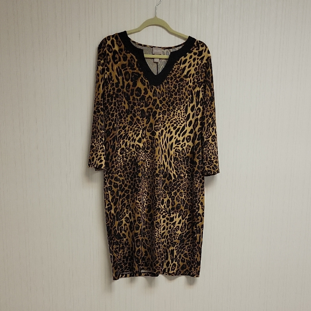 Chicos Leopard Print V-Neck Shift Dress Brown & Black Sz 2. Business Casual